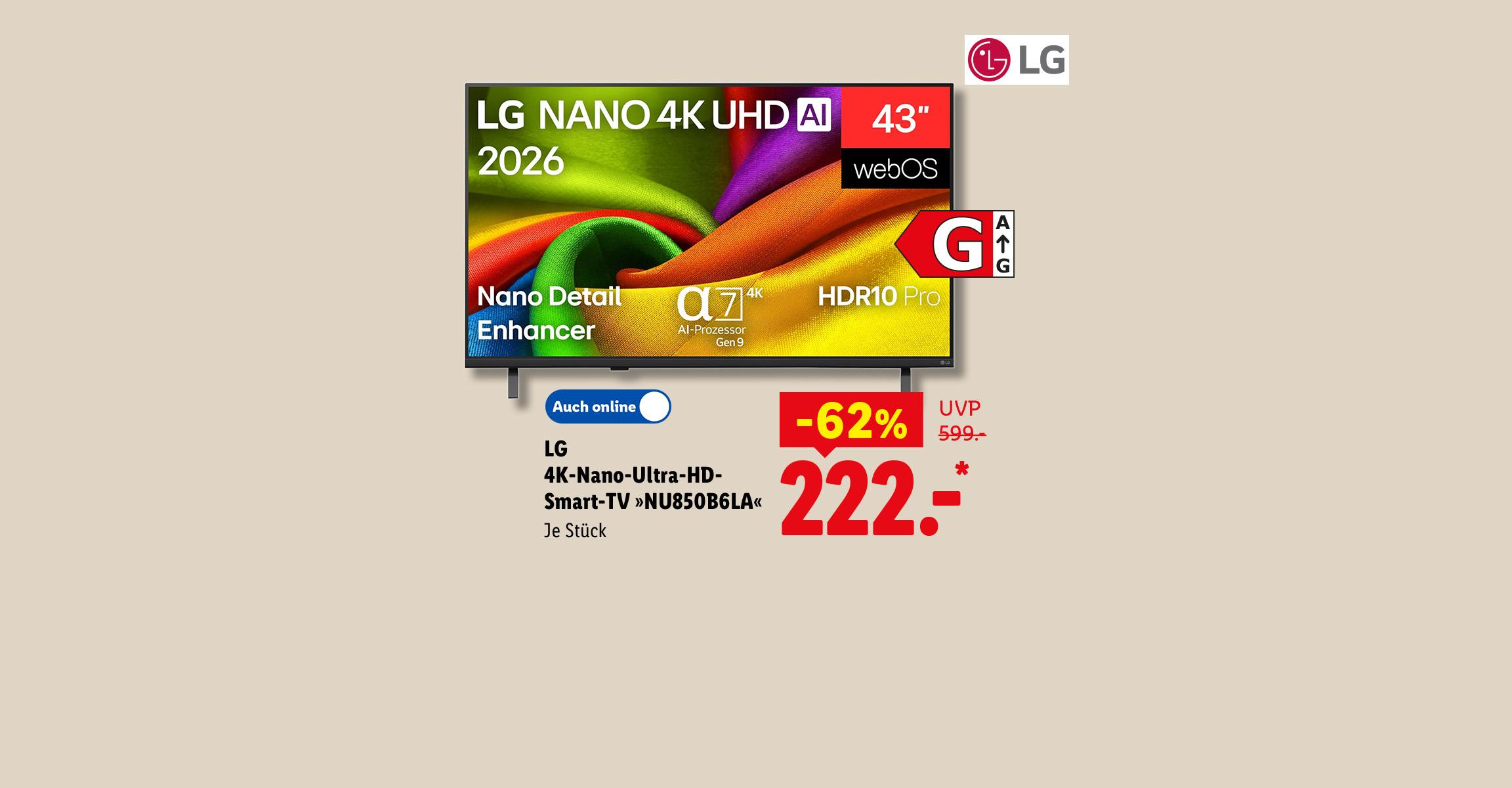 LG 4K-Nano-Ultra-HD-Smart-TV »NU850B6LA«, Je Stück -62% günstiger, Auch online für 222.- €*.