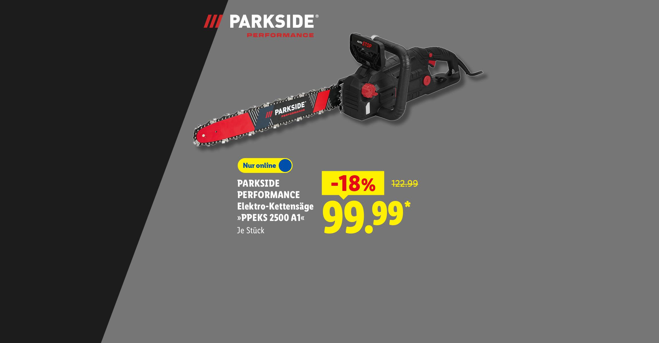 PARKSIDE PERFORMANCE Elektro-Kettensäge »PPEKS 2500 A1«, Je Stück -18% günstiger, Nur online für 99.99 €*.