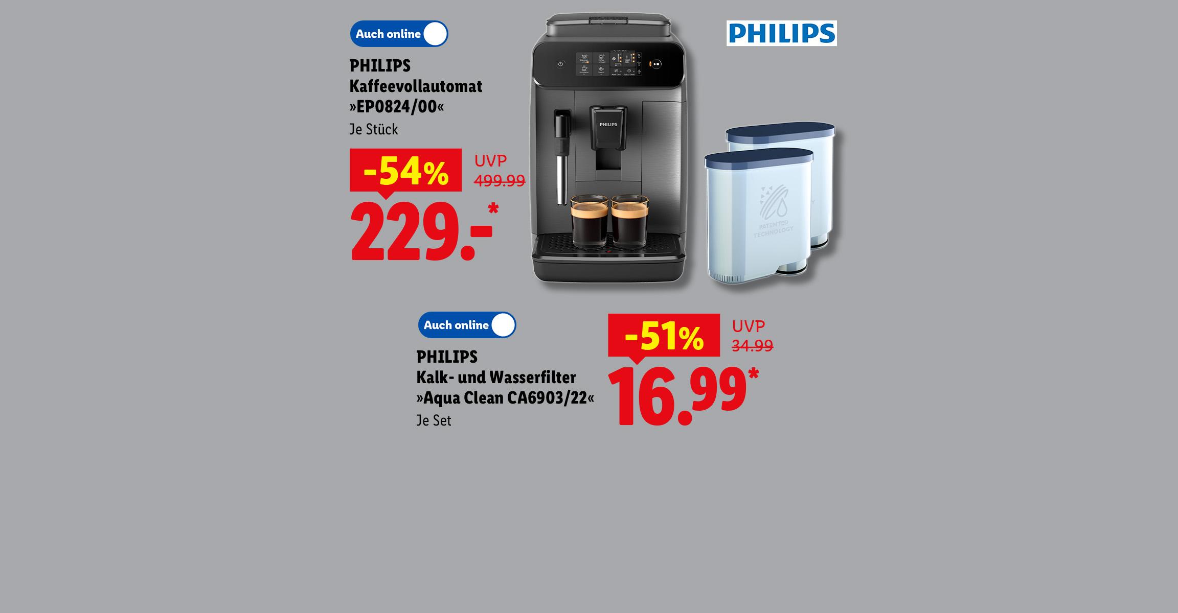 PHILIPS Kalk- und Wasserfilter »Aqua Clean CA6903/22«, Je Set -51% Rabatt, Auch online für 16.99 €. PHILIPS Kaffeevollautomat »EP0824/00«, Je Stück -54% günstiger, Auch online für 229.- €.