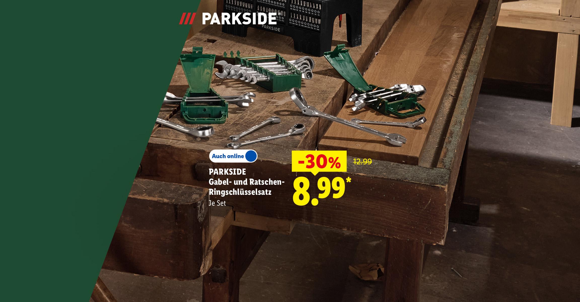 PARKSIDE Gabel- und Ratschen-Ringschlüsselsatz, Je Set -30% günstiger, Auch online für 8.99 €*.