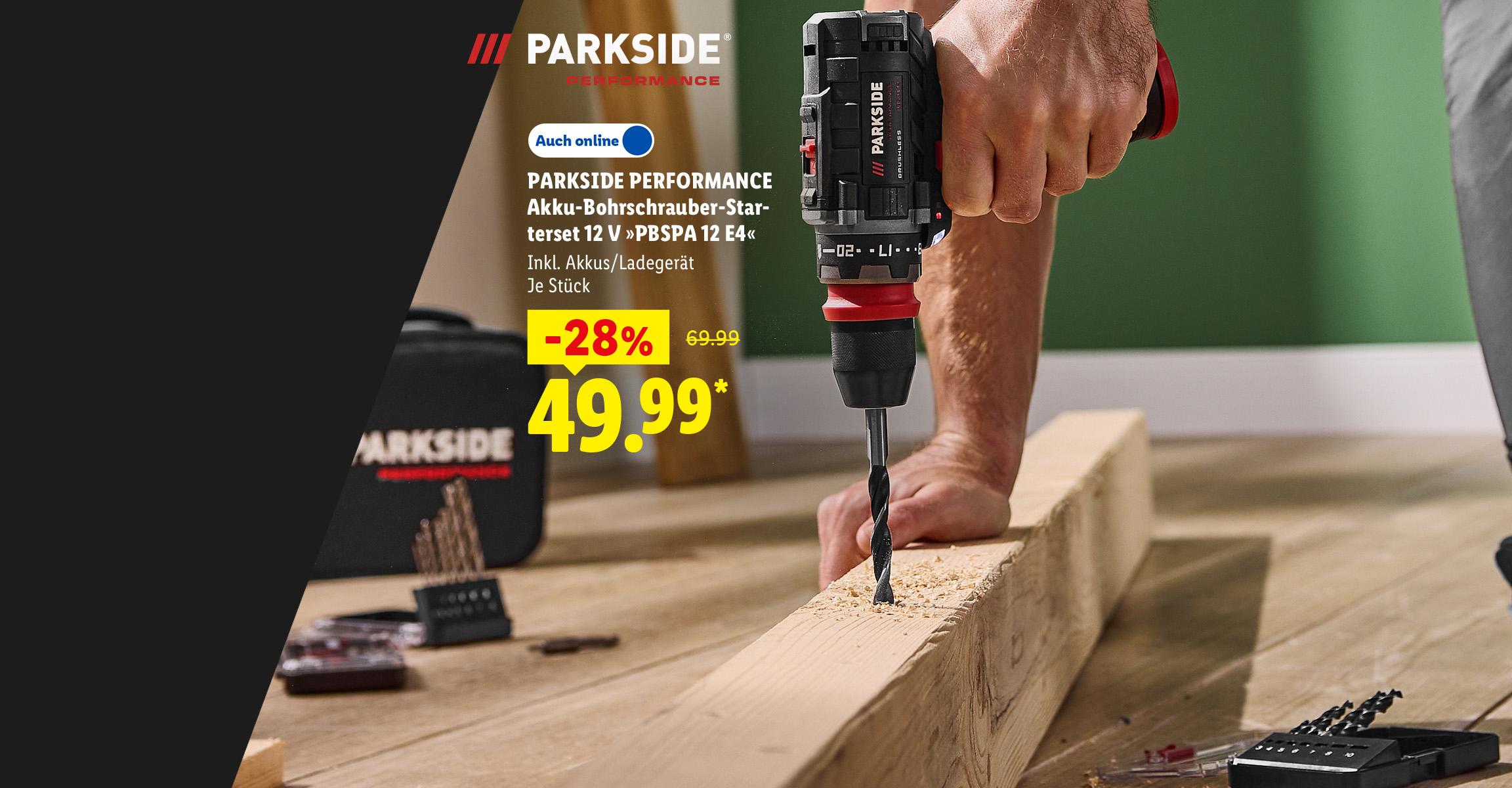 PARKSIDE PERFORMANCE Akku-Bohrschrauber-Starterset 12 V »PBSPA 12 E4«, Inkl. Akkus/Ladegerät, je Stück -28% günstiger, Auch online für 49.99 €*.