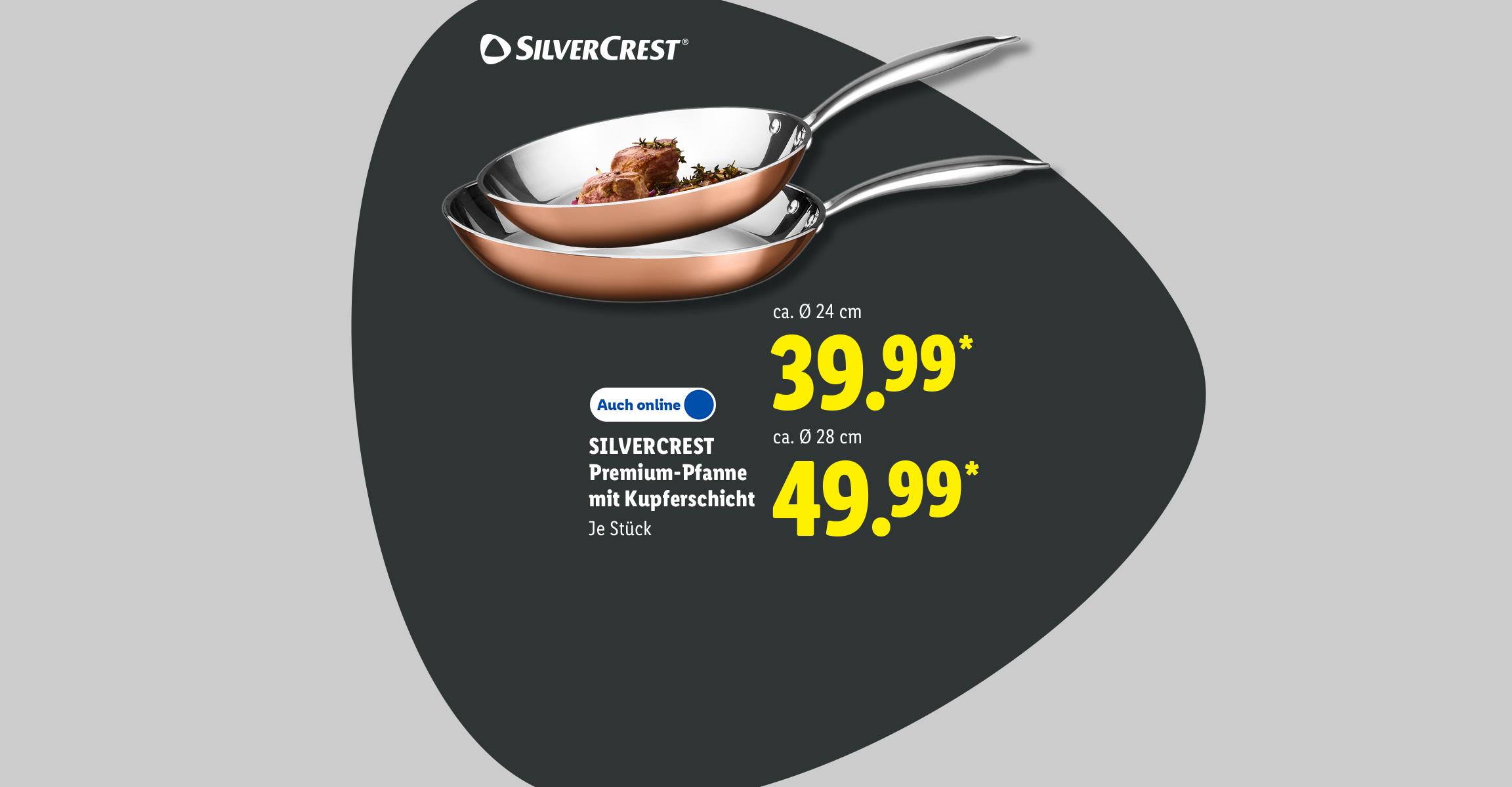 Premium-Pfanne mit Kupferschicht in zwei Größen auf einer Kochplatte und als Produktabbildung.