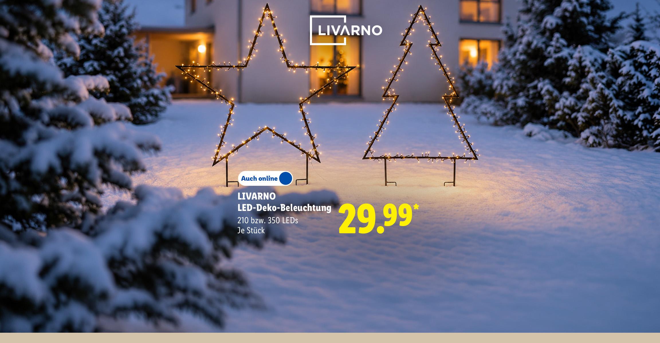AI-generiert: LIVARNO LED-Deko-Beleuchtung, 210 bzw. 350 LEDs, je Stück, Auch online für 29.99 €*.