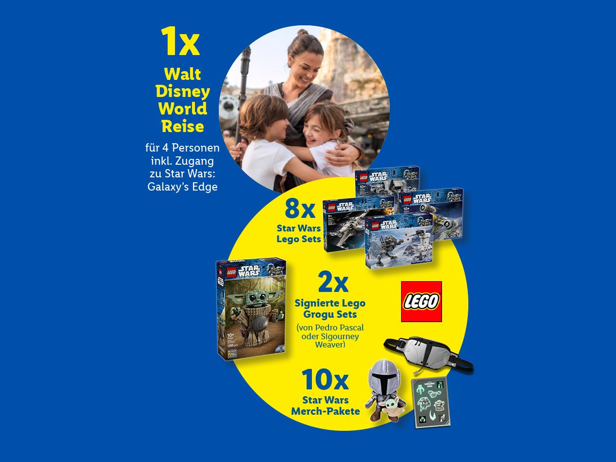 1x Walt Disney World Reise, 8x Star Wars Lego Sets, 2x Signierte Lego Grogu Sets, 10x Star Wars Merch-Pakete