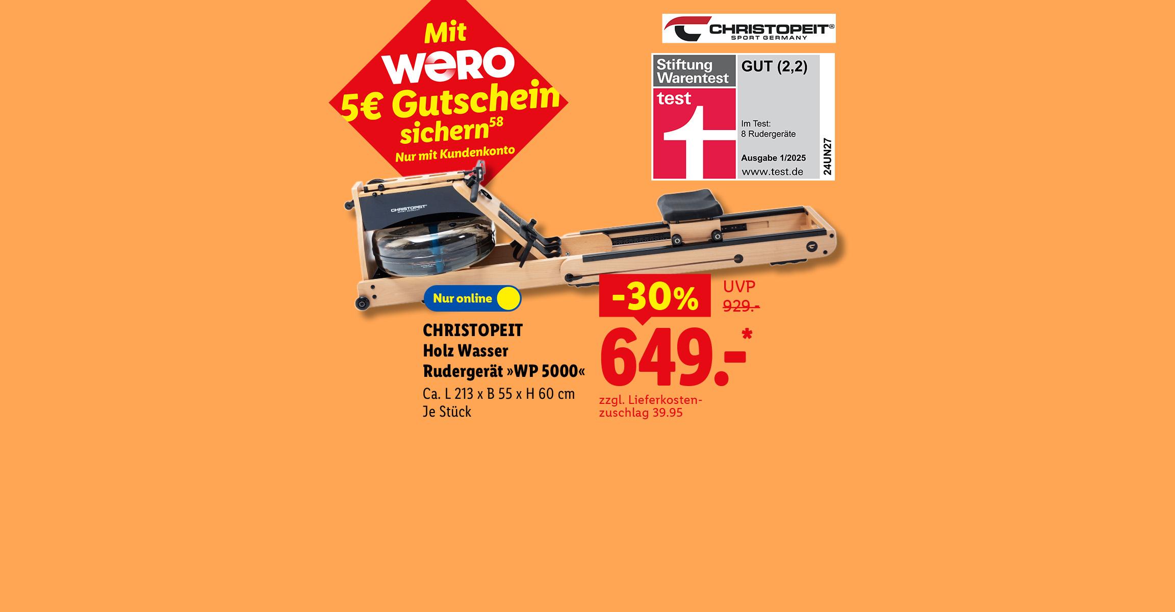 Mit WERO 5€ Gutschein sichern: CHRISTOPEIT Holz Wasser Rudergerät »WP 5000«, Ca. L 213 x B 55 x H 60 cm, je Stück -30% günstiger, Nur online für 649.- €*. zzgl. Lieferkostenzuschlag 39.95