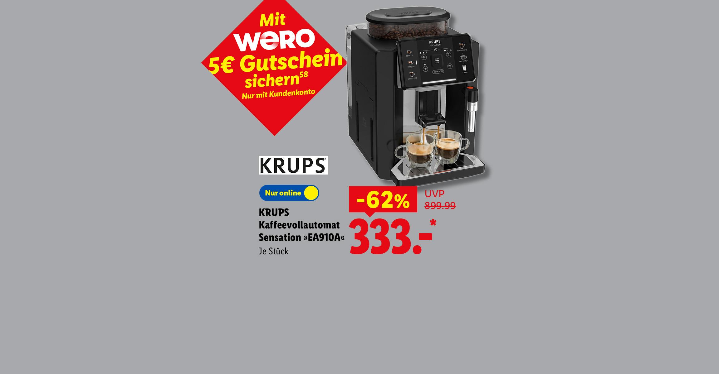 Mit WERO 5€ Gutschein sichern: KRUPS Kaffeevollautomat Sensation »EA910A«, Je Stück -62% günstiger, Nur online für 333.- €*