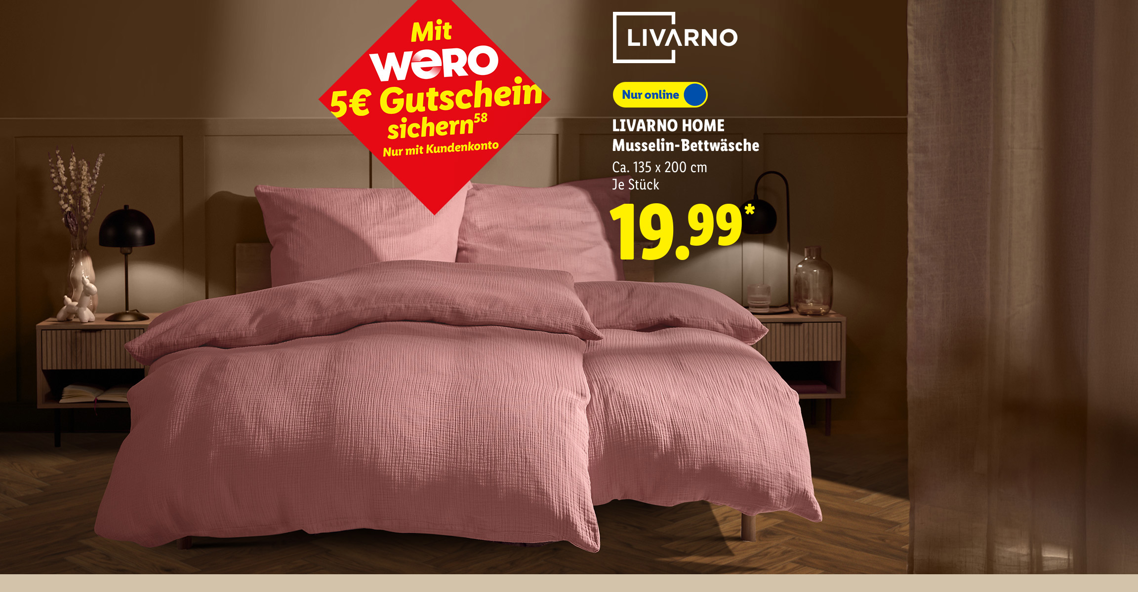 AI-generiert: Mit WERO 5€ Gutschein sichern: LIVARNO HOME Musselin-Bettwäsche, Ca. 135 x 200 cm, Je Stück, Nur online für 19.99 €*. AI-generated.
