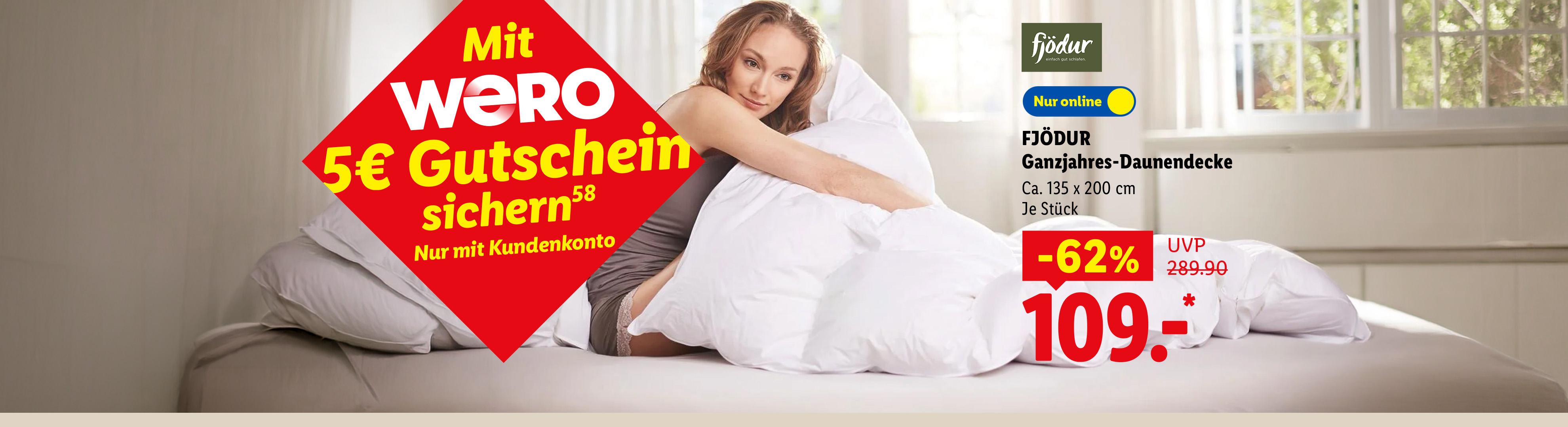 AI-generiert: Mit WERO 5€ Gutschein sichern: FJÖDUR Ganzjahres-Daunendecke, Ca. 135 x 200 cm, Je Stück -62% günstiger, Nur online für 109.- €*. AI-generated.