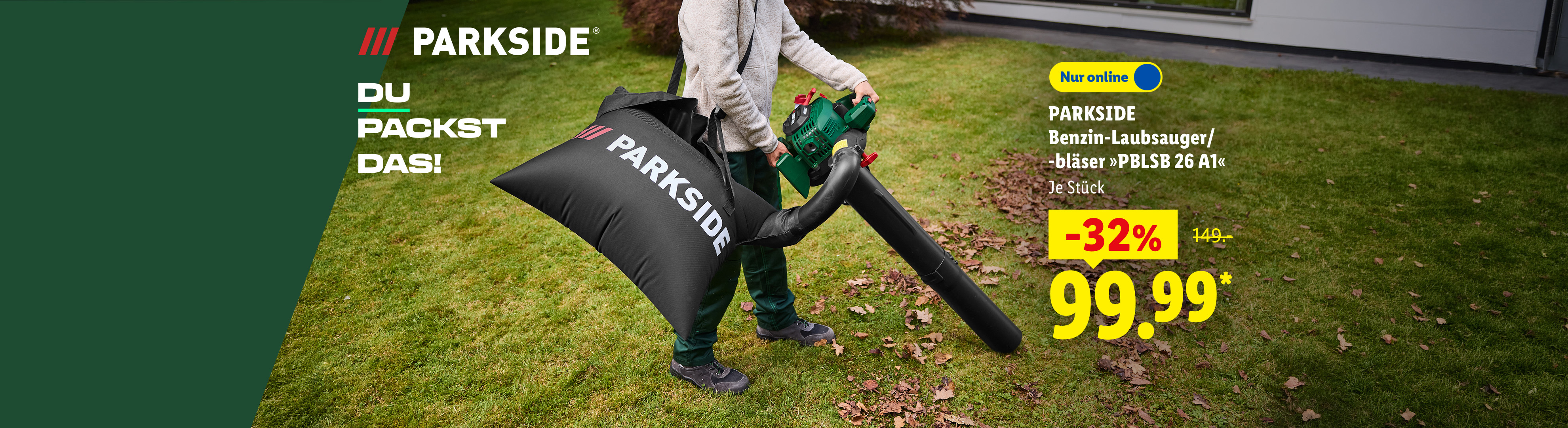 AI-generiert: PARKSIDE Benzin-Laubsauger/-bläser »PBLSB 26 A1«, Je Stück -32% günstiger, Nur online für 99.99 €*. AI-generated.