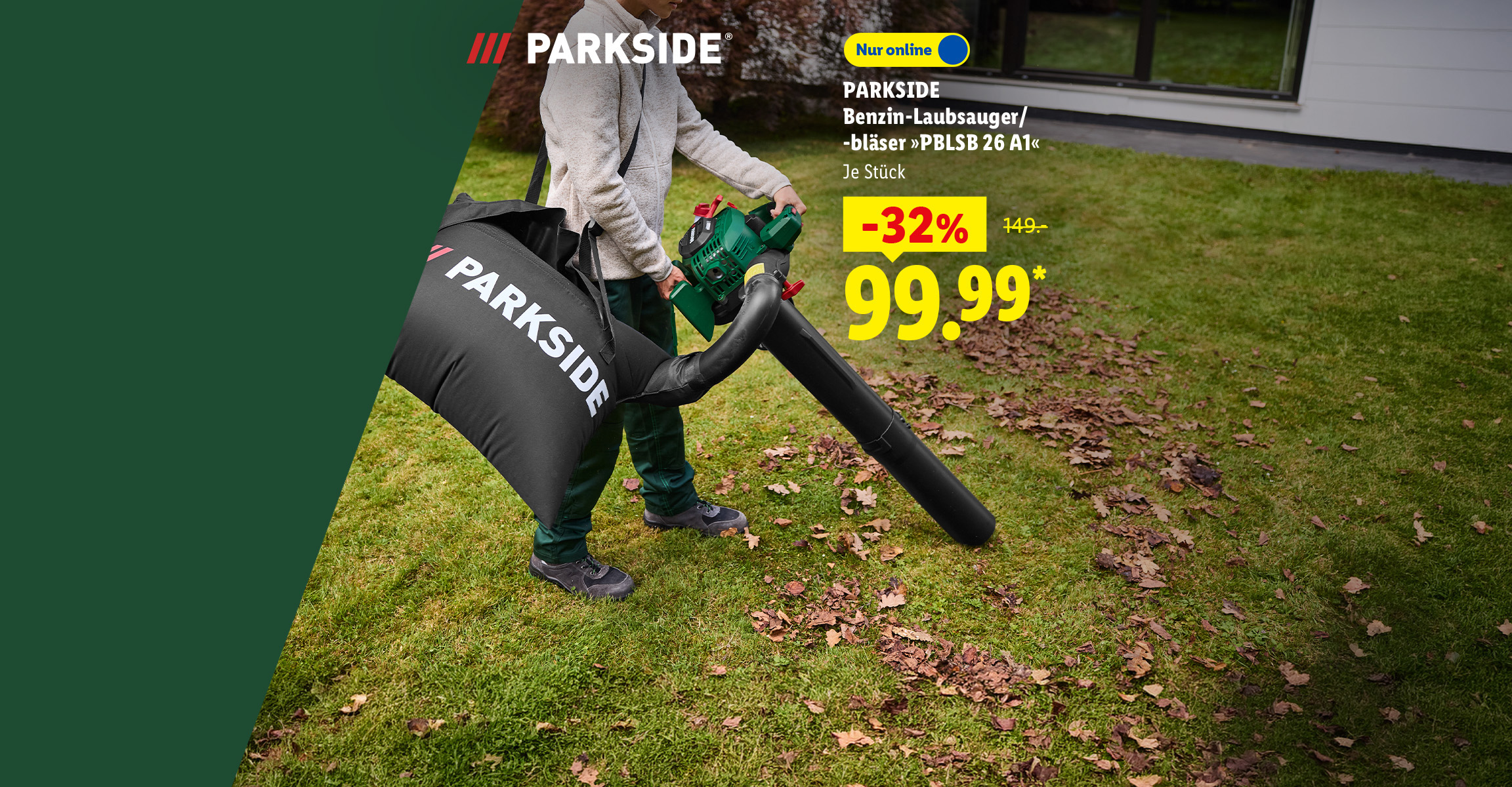 AI-generiert: PARKSIDE Benzin-Laubsauger/-bläser »PBLSB 26 A1«, Je Stück -32% günstiger, Nur online für 99.99 €*. AI-generated.