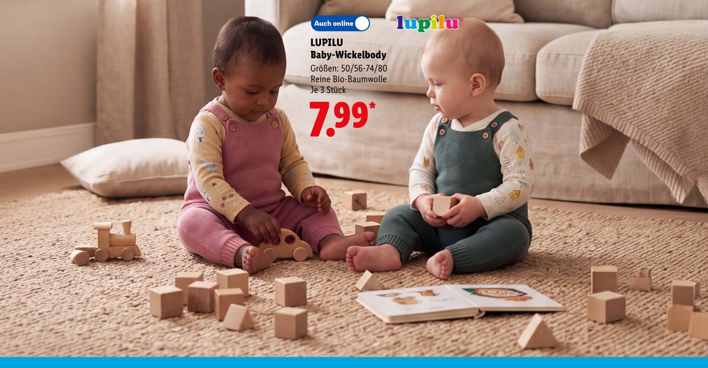 AI-generiert: LUPILU Baby-Wickelbody, Größen: 50/56-74/80, Reine Bio-Baumwolle, je 3 Stück, Auch online für 7.99 €*. AI-generated.