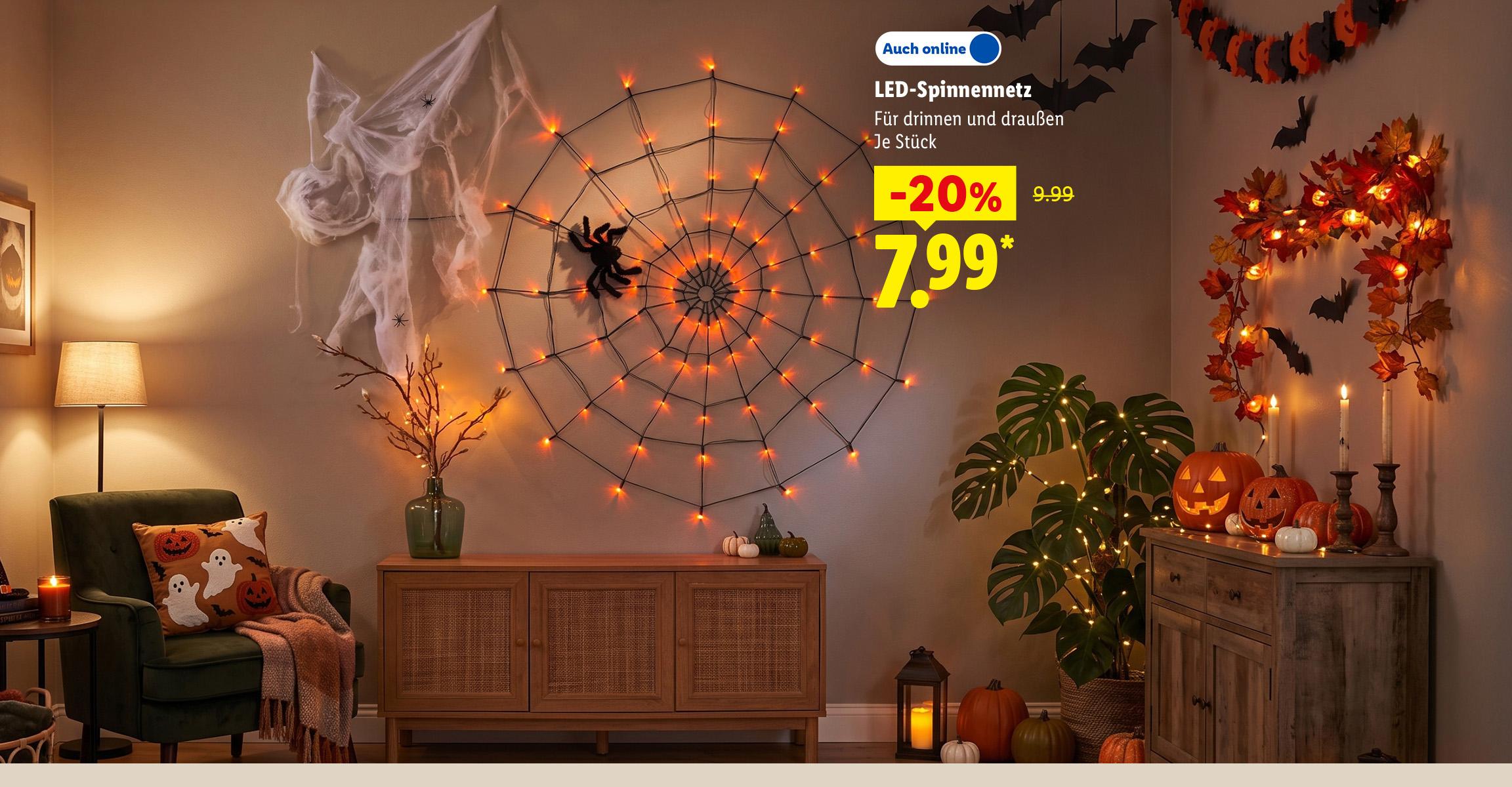 AI-generiert: LED-Spinnennetz, Für drinnen und draußen, Je Stück -20% günstiger, Auch online für 7.99 €*. AI-generated.