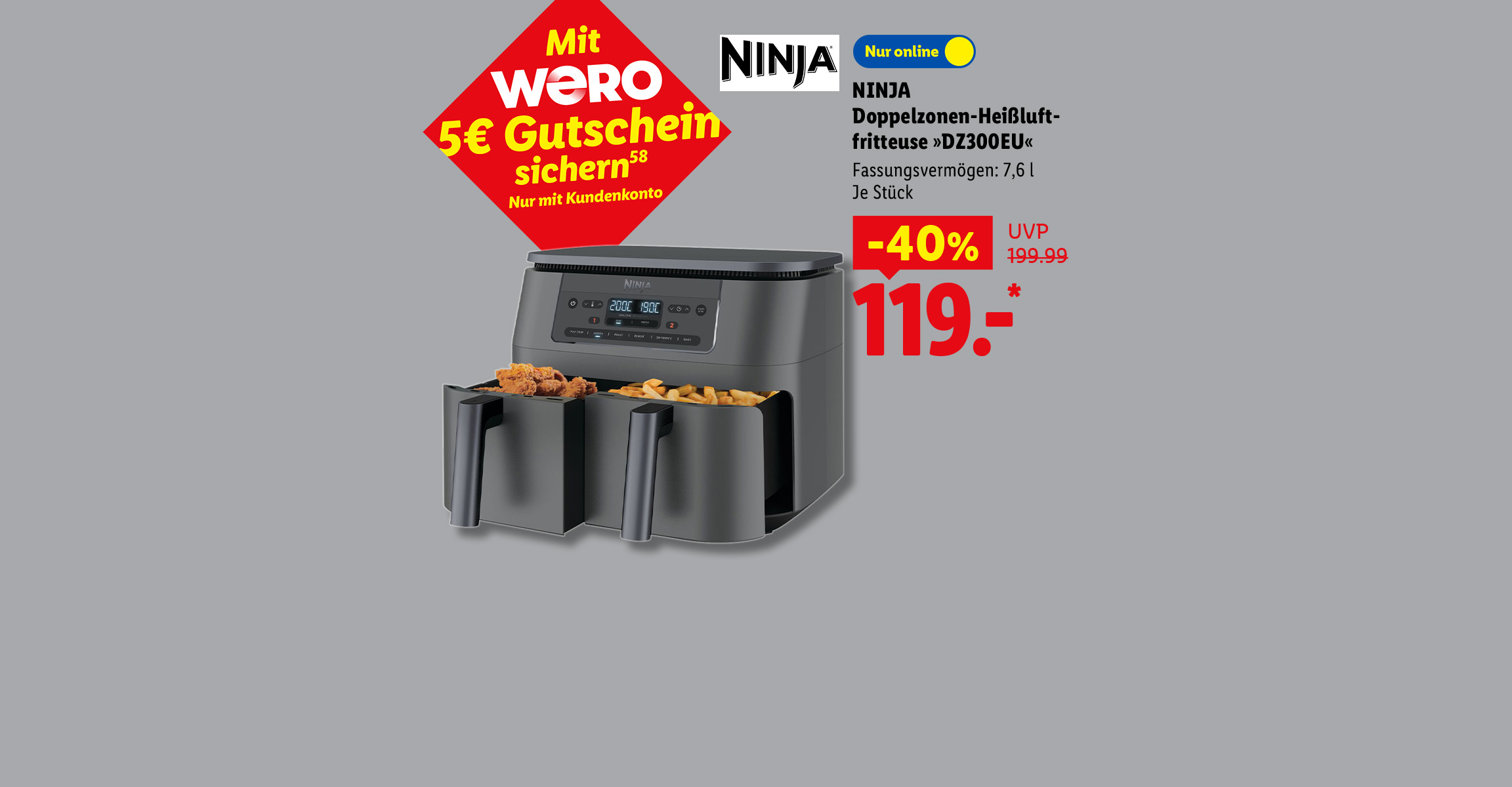 Mit WERO 5€ Gutschein sichern: NINJA Doppelzonen-Heißluftfritteuse »DZ300EU«, Fassungsvermögen: 7,6 l, Je Stück -40% günstiger, Nur online für 119.- €*