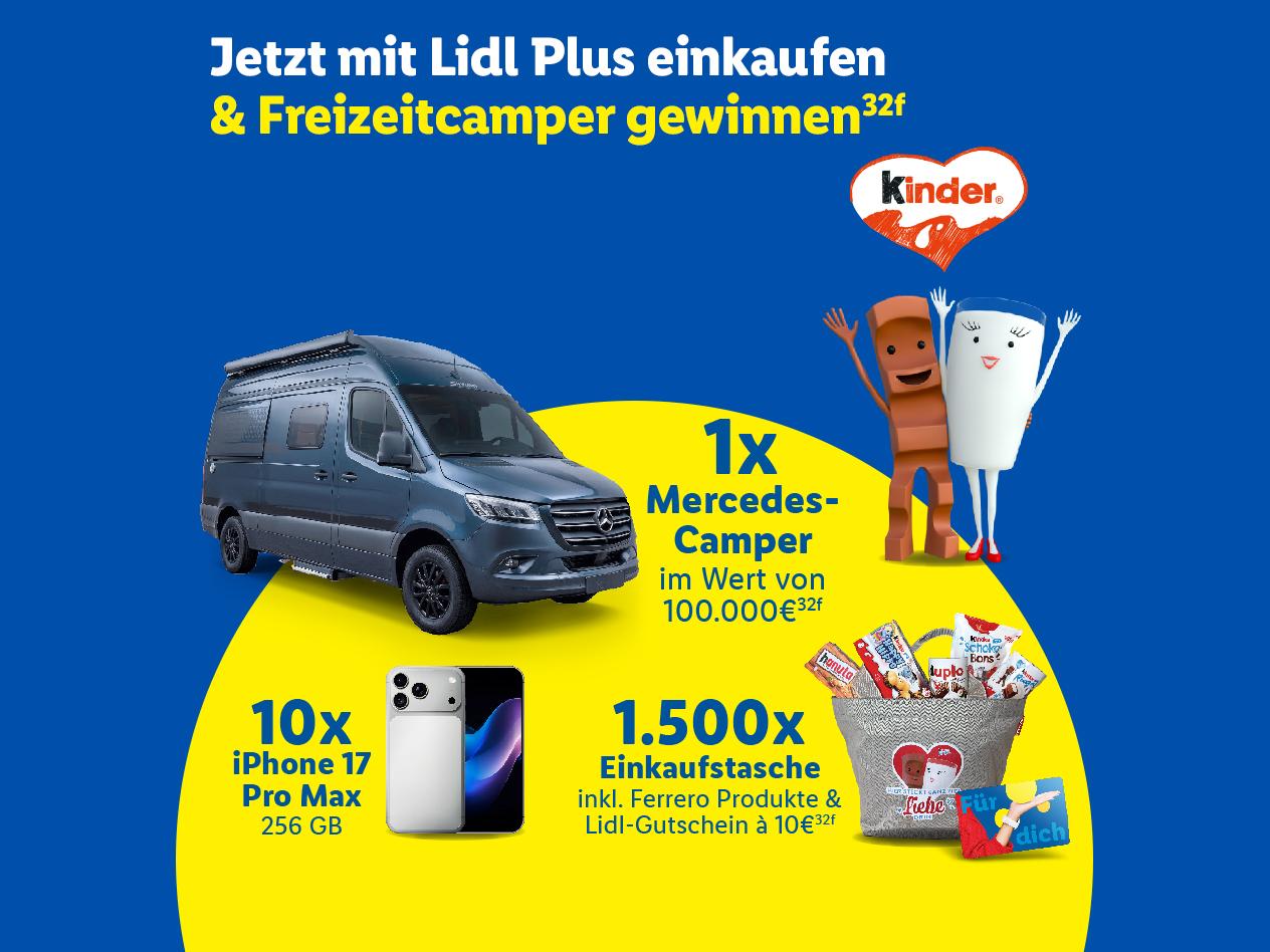 Jetzt mit Lidl Plus einkaufen & Freizeitcamper gewinnen (32f). 1x Mercedes-Camper im Wert von 100.000€ (32f), 10x iPhone 17 Pro Max, 1.500x Einkaufstasche (32f).
