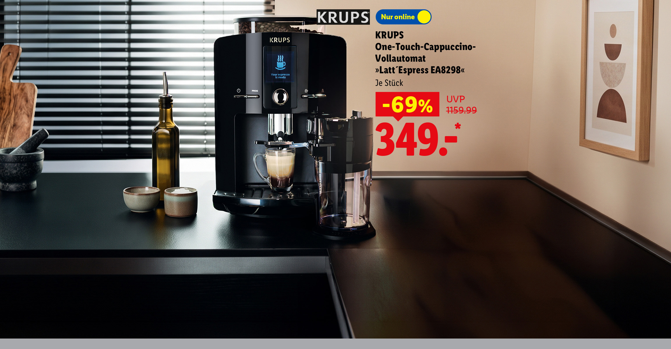 AI-generiert: Mit WERO 5€ Gutschein sichern: KRUPS One-Touch-Cappuccino-Vollautomat »Latt´Espress EA8298«, Je Stück -69% günstiger, Nur online für 349.- €*.