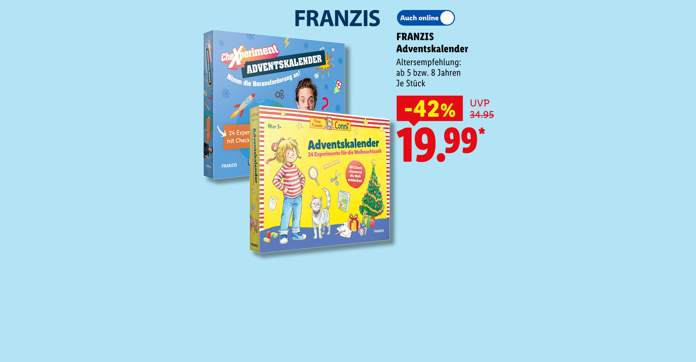 FRANZIS Adventskalender, Altersempfehlung: ab 5 bzw. 8 Jahren, je Stück -42% günstiger, Auch online für 19.99 €*.