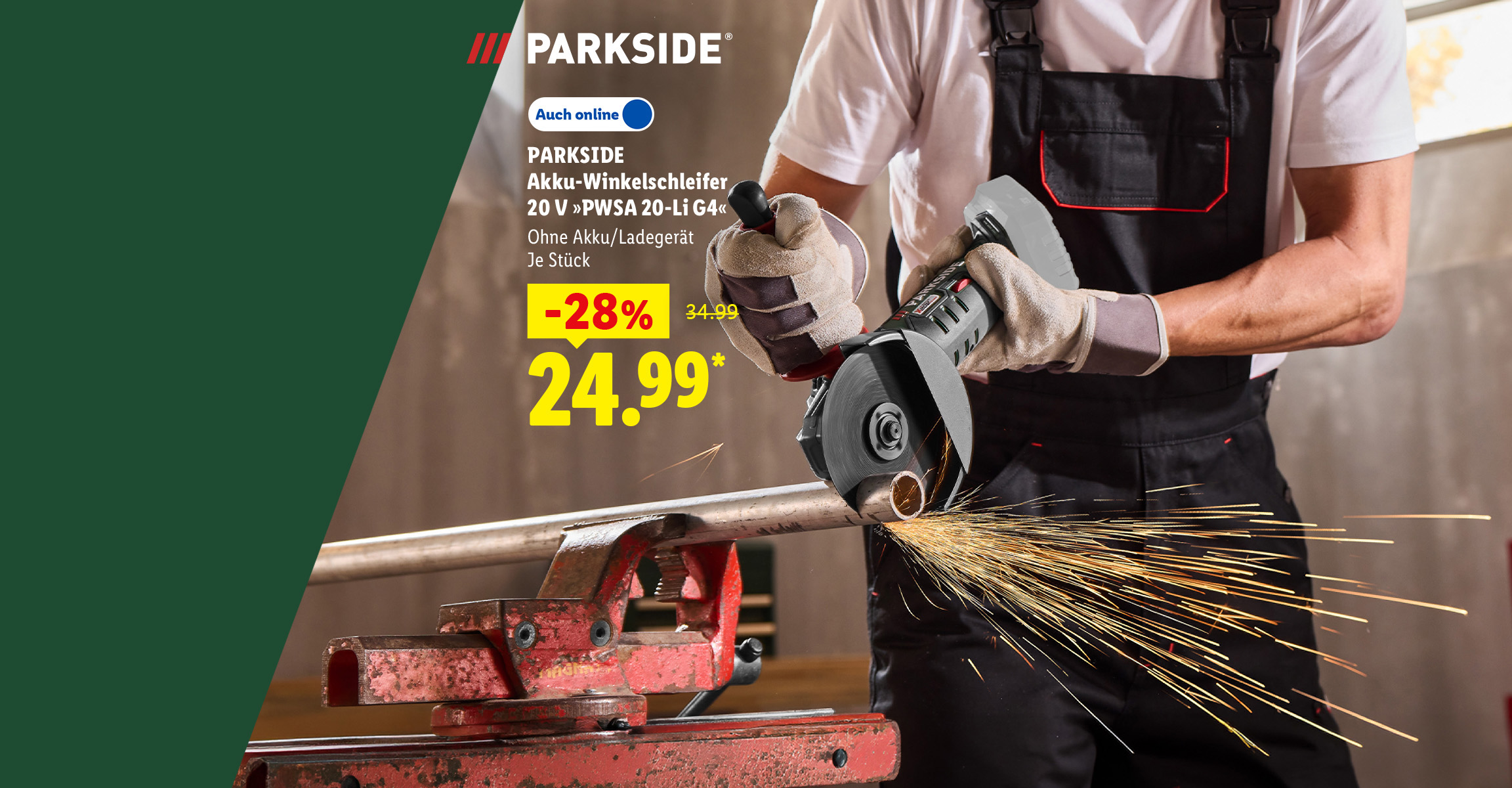 AI-generiert: PARKSIDE Akku-Winkelschleifer 20 V »PWSA 20-Li G4«, Ohne Akku/Ladegerät, je Stück -28% günstiger, Auch online für 24.99 €*.