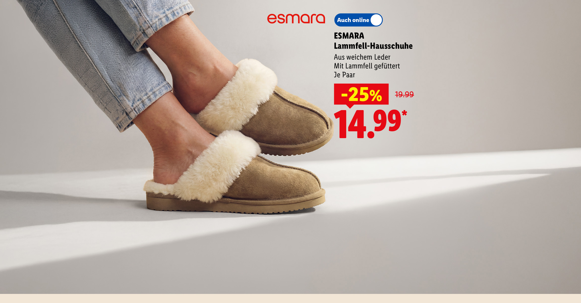 AI-generiert: ESMARA Lammfell-Hausschuhe, Aus weichem Leder, mit Lammfell gefüttert, je Paar -25% günstiger, Auch online für 14.99 €*.