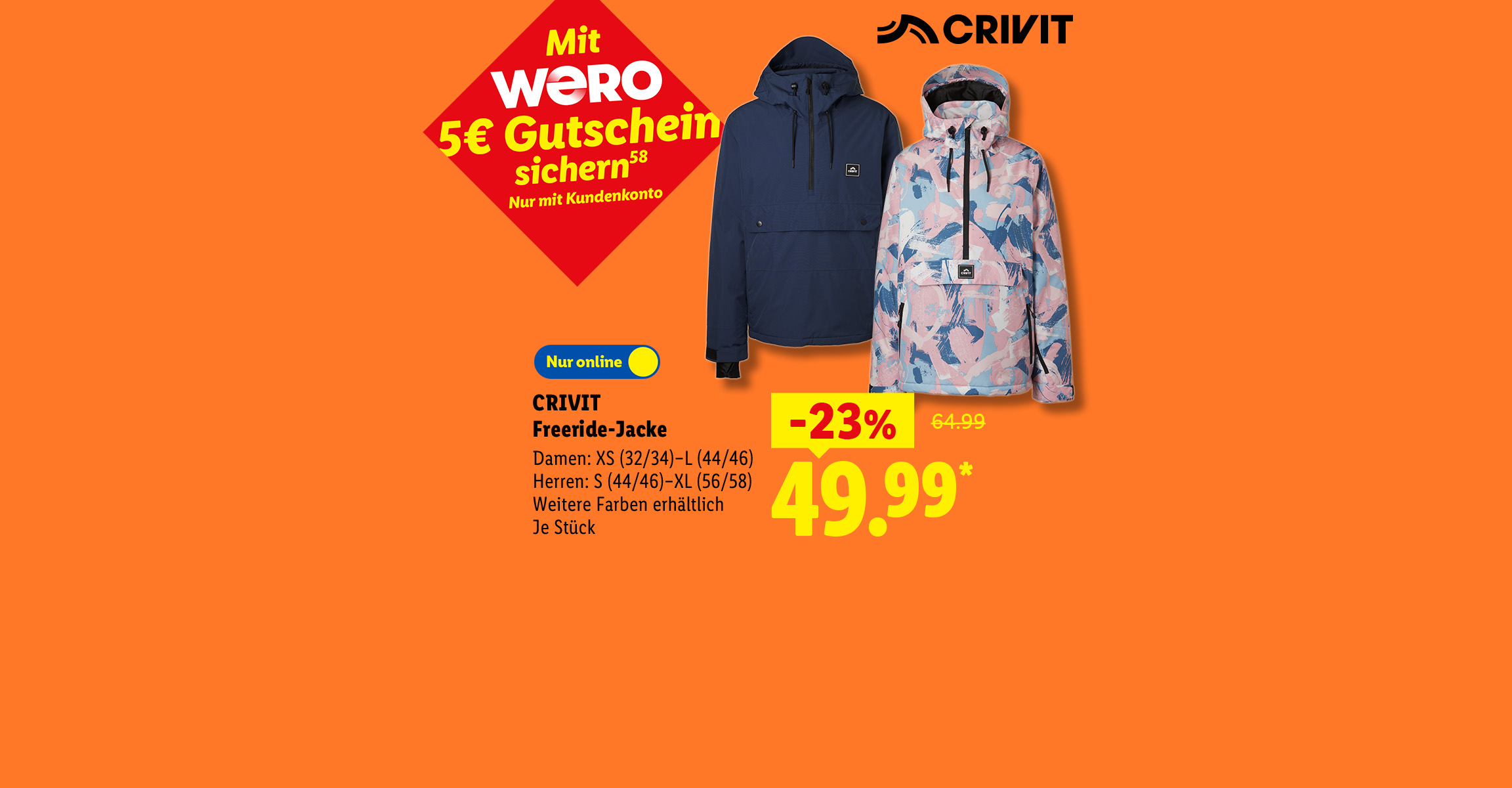 CRIVIT Freeride-Jacke, Damen: XS (32/34)–L (44/46), Herren: S (44/46)–XL (56/58), je Stück -23% günstiger, Nur online für 49.99 €*.