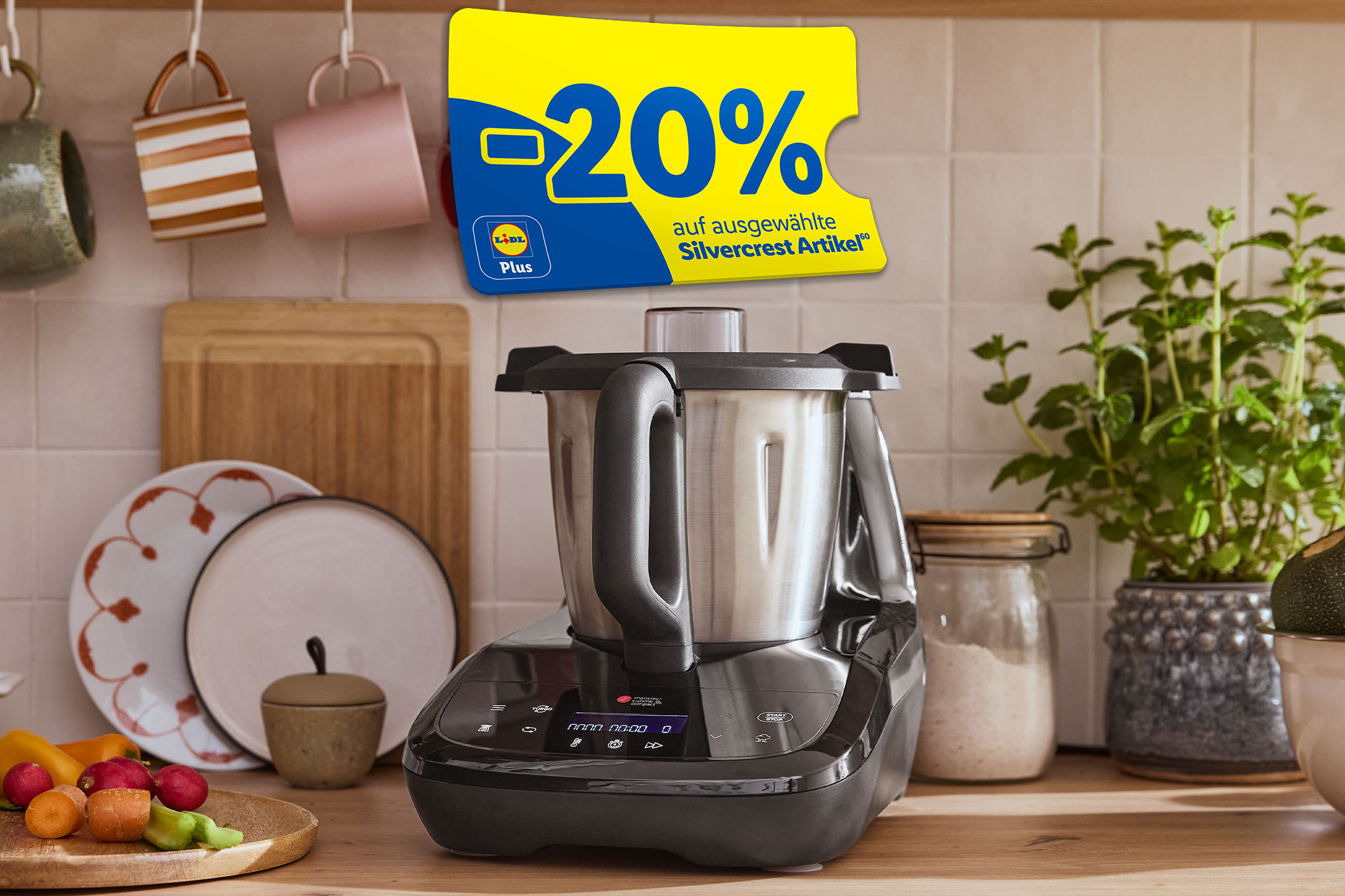 AI-generiert: -20% auf ausgewählte Silvercrest Artikel mit Lidl Plus (60), z.B. Küchenmaschine Silvercrest Monsieur Cuisine compact »SMCC 1100 A1«.