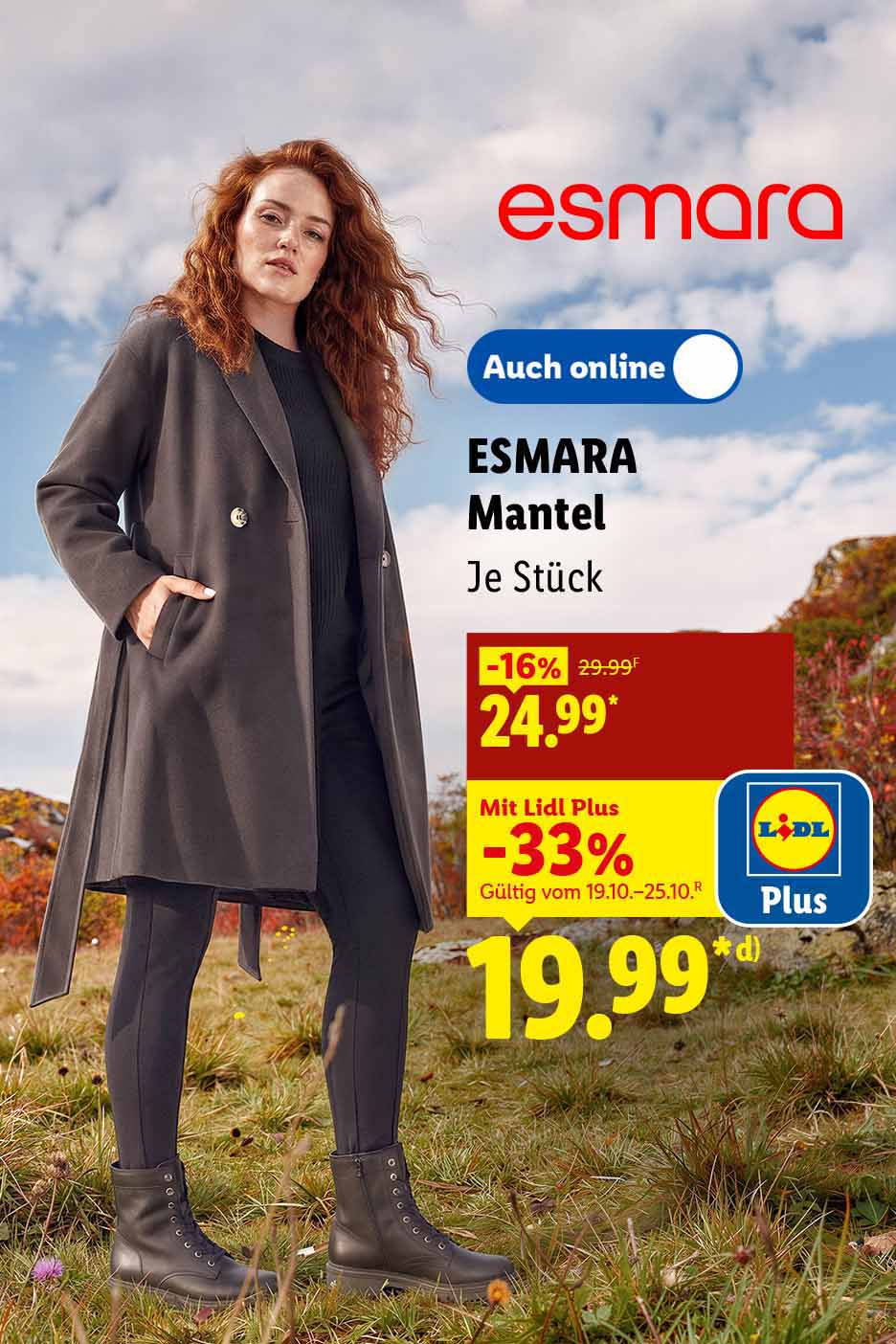 AI-generiert: ESMARA Mantel, je Stück mit Lidl Plus 33% günstiger, Auch online für 19.99 €*, Gültig vom 19.10.–25.10. AI-generated.