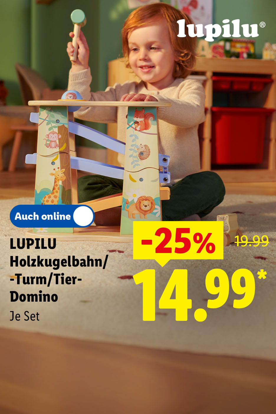 LUPILU Holzkugelbahn/-Turm/Tier-Domino, je Set -25% günstiger, auch online für 14.99 €*.