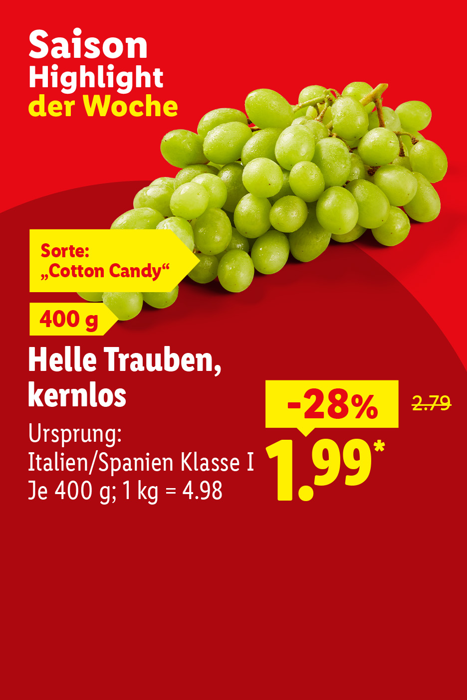 Saison Highlight der Woche. Helle Trauben, kernlos 28% billiger für 1.99 je 400g. 1 kg= 4.98. Ursprung: Italien/ Spanien Klasse 1. Sorte "Cotton Candy". Jetzt entdecken