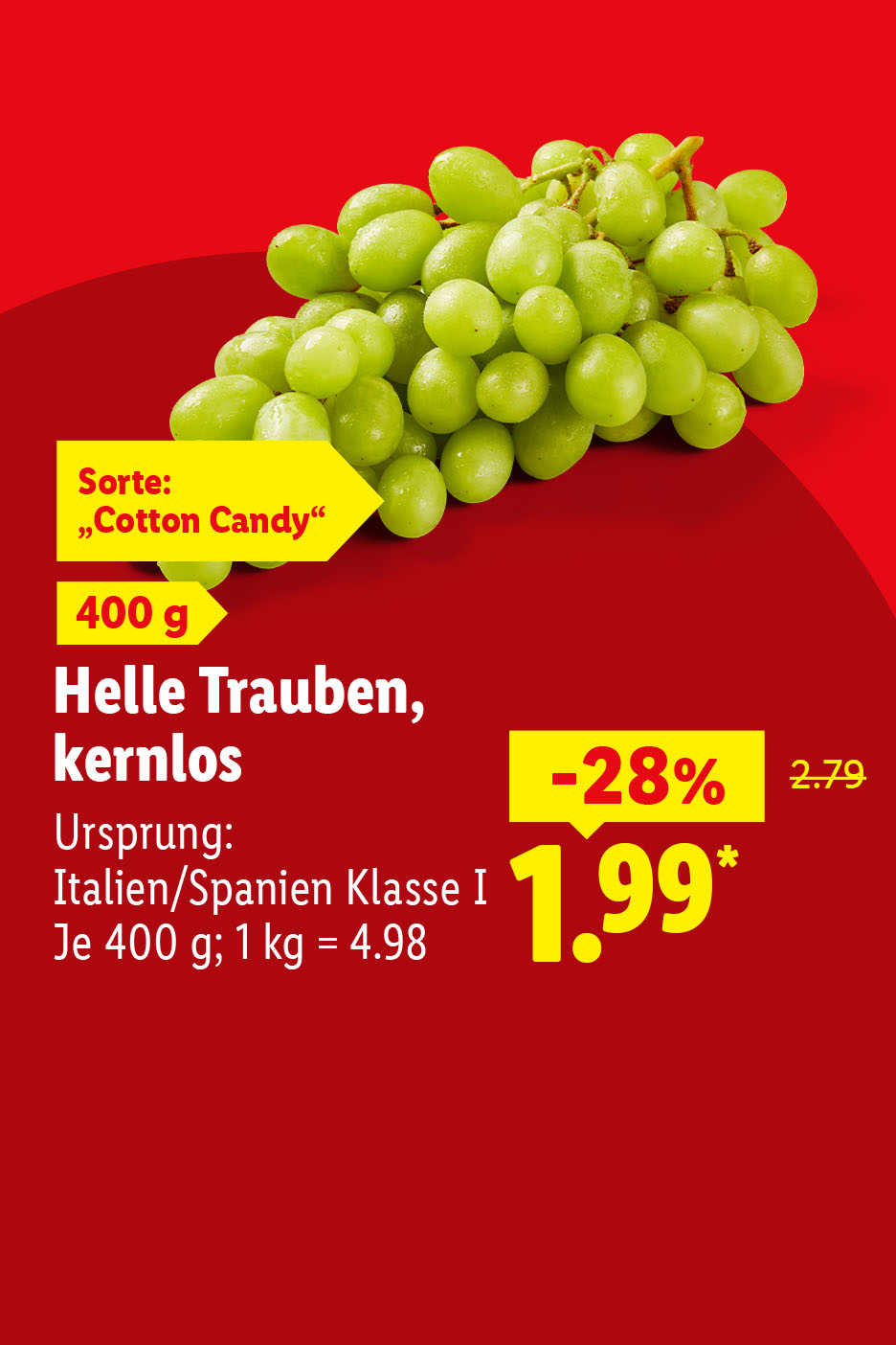 Helle Trauben, kernlos 28% billiger für 1.99 je 400g. 1 kg= 4.98. Ursprung: Italien/ Spanien Klasse 1. Sorte "Cotton Candy". Jetzt entdecken