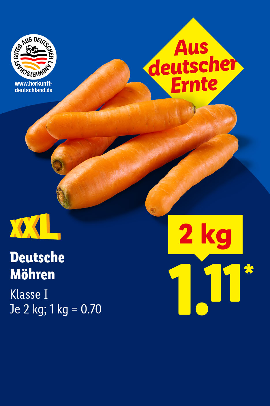 Aus deutscher Ernte XXL Deutsche Möhren der Klasse I im 2-kg-Beutel für 1,11 €.