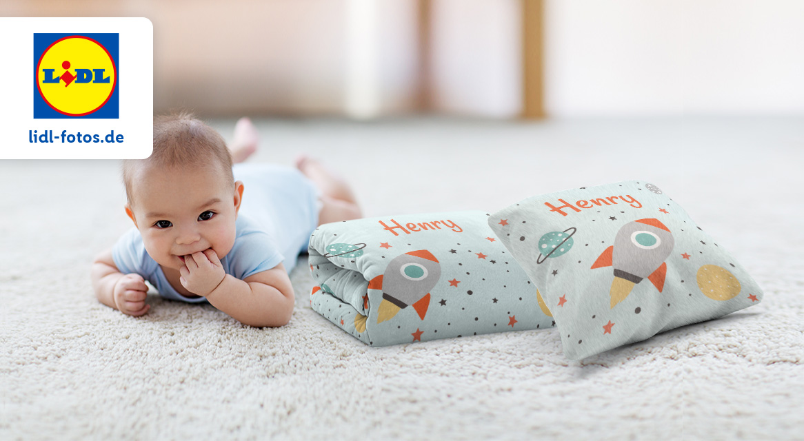 LIDL: Babydecke und Kissen, Raketenmotiv, Name Henry.