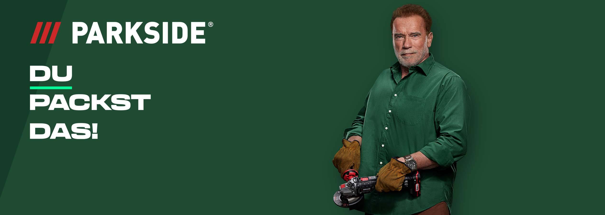 Arnold Schwarzenegger mit Parkside Elektrowerkzeug.