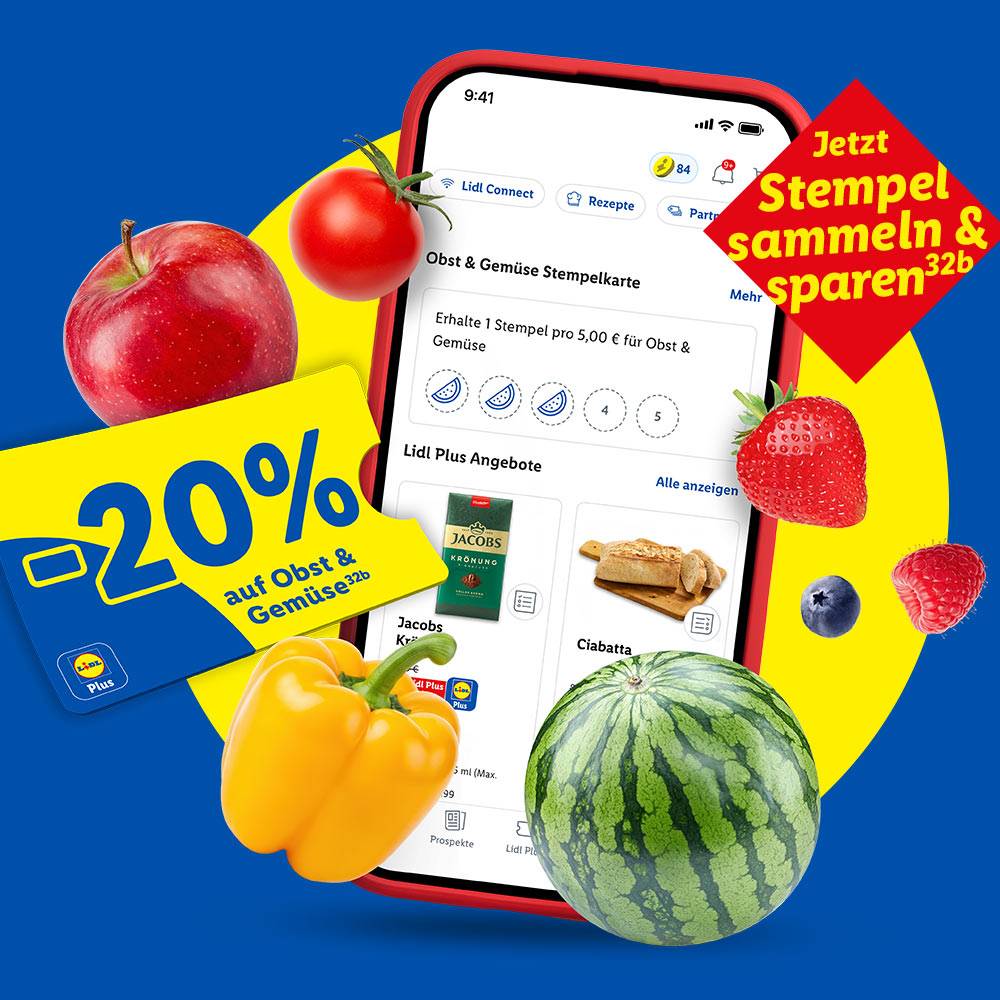 Smartphone mit Obst- und Gemüsestempelkarte, um 20% auf Obst und Gemüse zu sparen.
