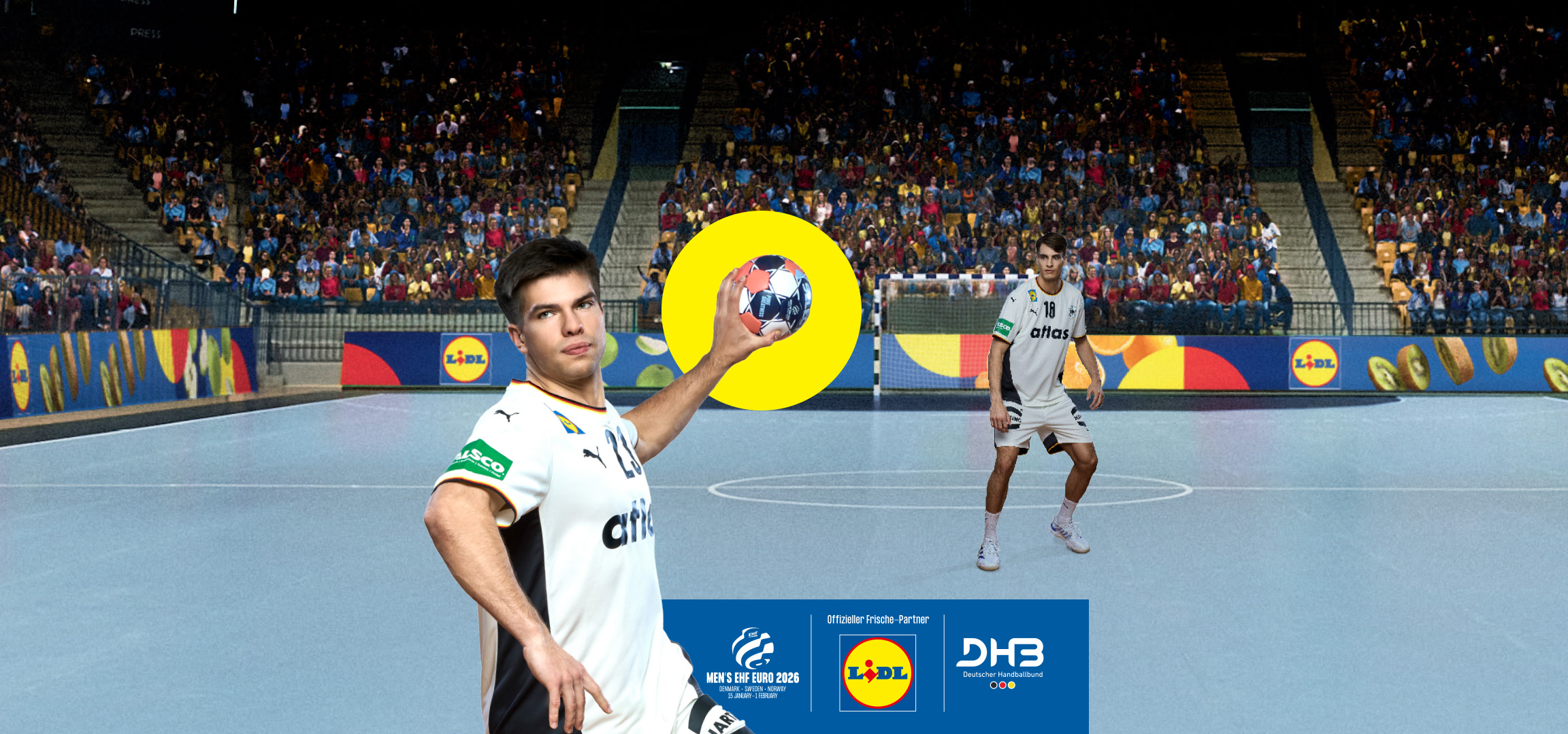 Lidl-Werbung für die Handball-Europameisterschaft 2026 mit Spielern und Zuschauern.