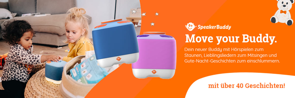 SpeakerBuddy Audiogeräte und spielende Kinder.