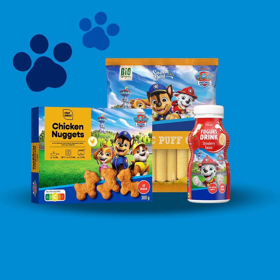Hähnchen-Nuggets, Puffs und Joghurtgetränk im Paw Patrol-Design.