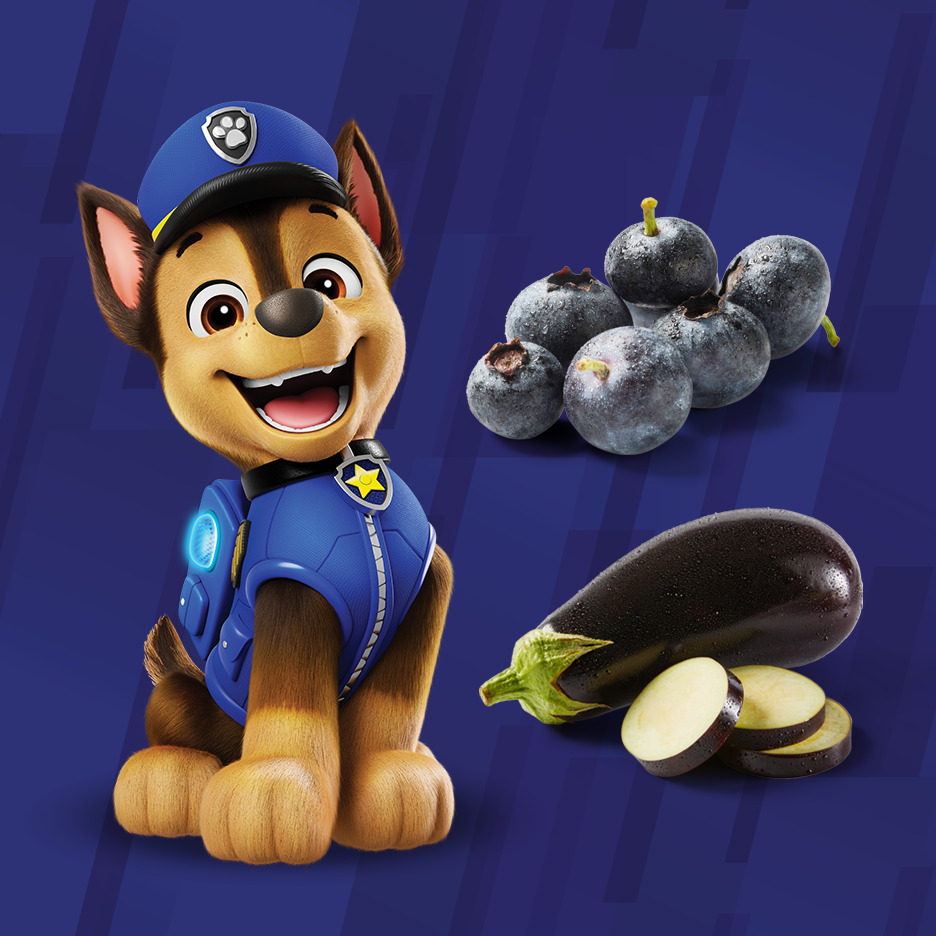 Cartoon-Hund in Polizeiuniform, Heidelbeeren und Aubergine auf blauem Hintergrund.