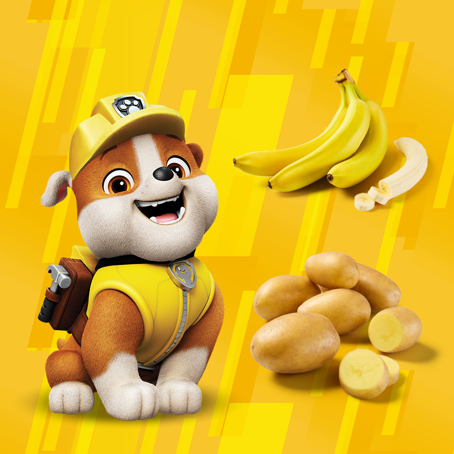 Cartoon-Welpe mit Bananen und Kartoffeln auf gelbem Hintergrund.