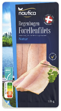 Eine Packung Regenbogen Forellenfilets Natur mit ASC-Siegel.