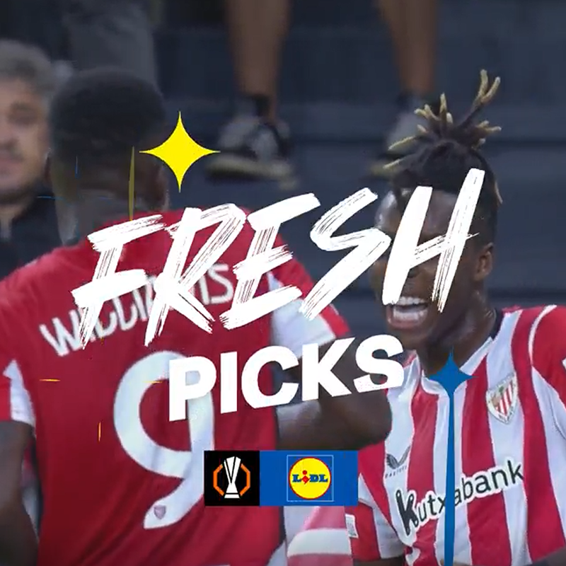 Fußballspieler in rot-weißen Trikots mit dem Text „FRESH PICKS“ und dem Lidl-Logo.