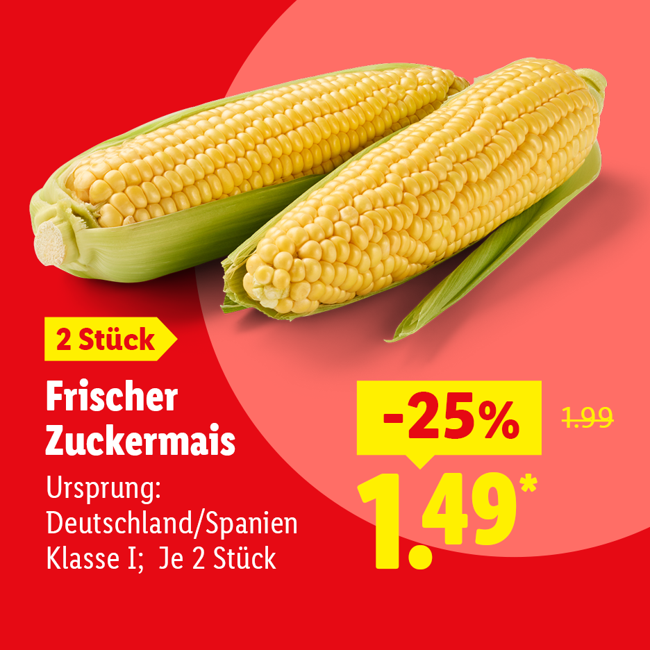 Frischer Zuckermais, Ursprung: Deutschland/Spanien, Klasse I, je 2 Stück, -25% für 1.49 €*.