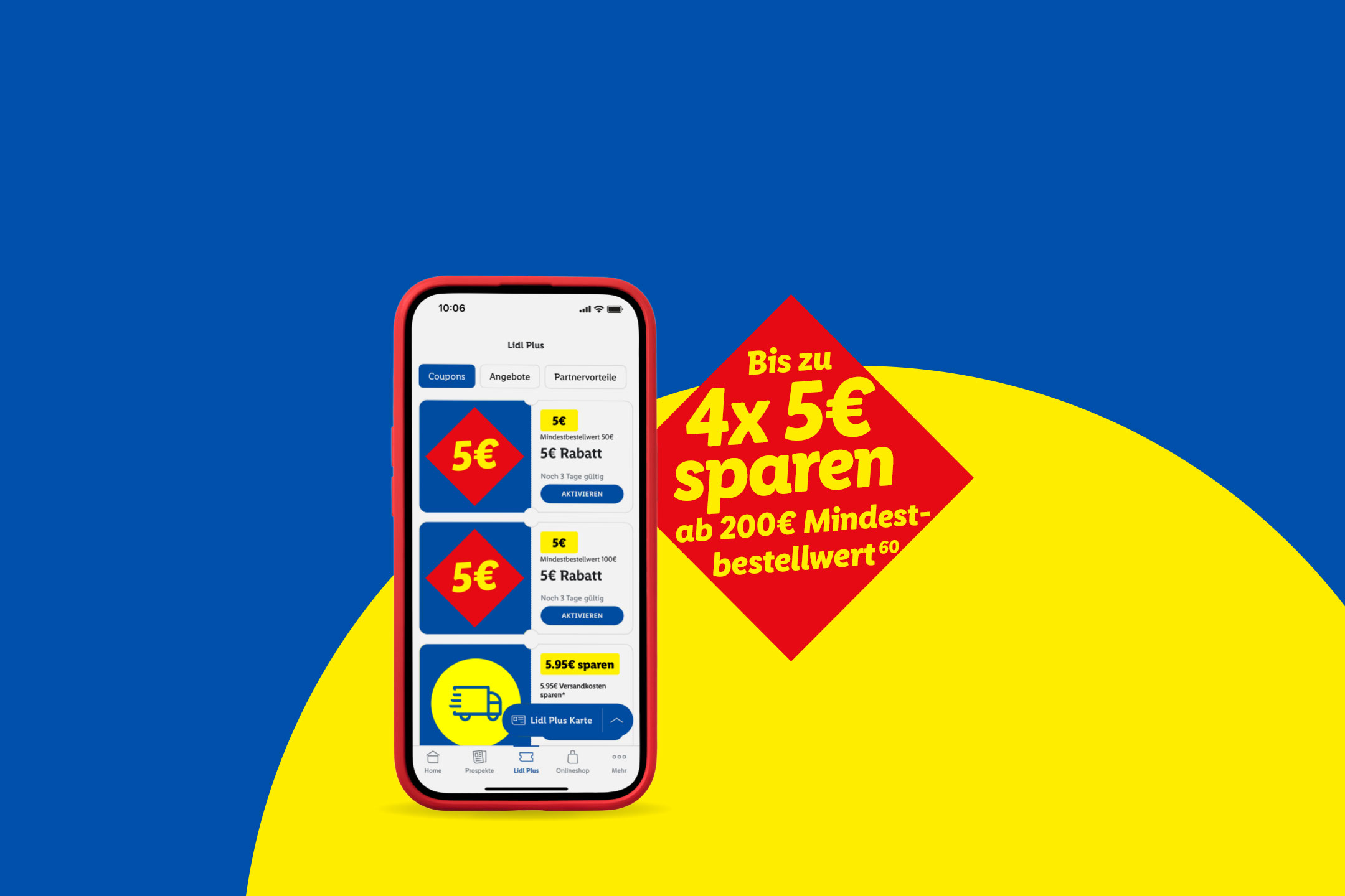Ein Smartphone zeigt eine App mit Coupons für 5€ Rabatt und kostenlosen Versand, daneben ein rotes Banner mit „Bis zu 4x 5€ sparen ab 200€ Mindestbestellwert“.