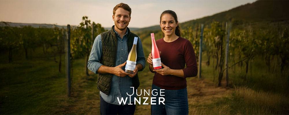 Junge Winzer Weine, ein Mann und eine Frau präsentieren lächelnd zwei Weinflaschen in einem Weinberg.