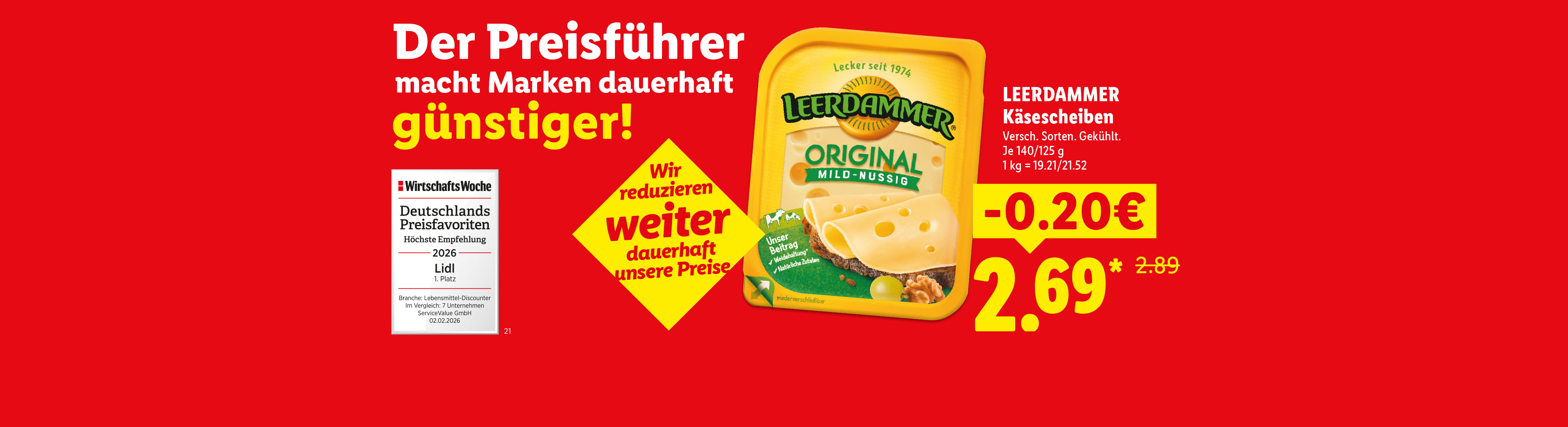 Werbung für Käsescheiben mit Preisreduzierung und Auszeichnung als Preisführer.