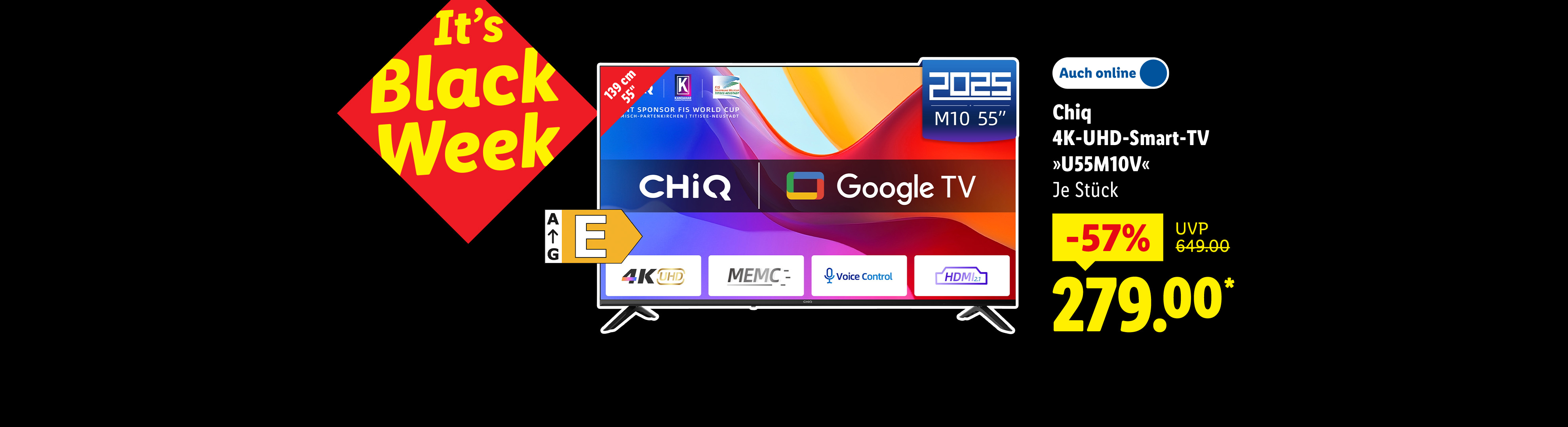 Chiq 4K-UHD-Smart-TV. Typ "U55M10V". Je Stück 57% günstiger für 279€*.​