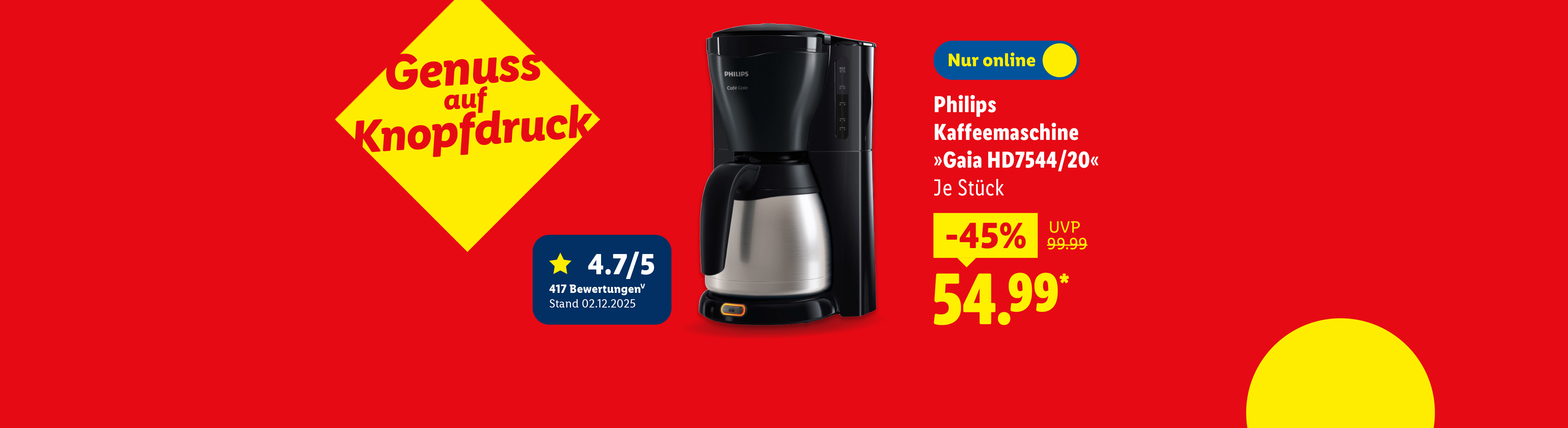 Philips Kaffeemaschine »Gaia HD7544/20«, je Stück  -45 % günstiger nur online für 54.99€* Sofort kaufen.