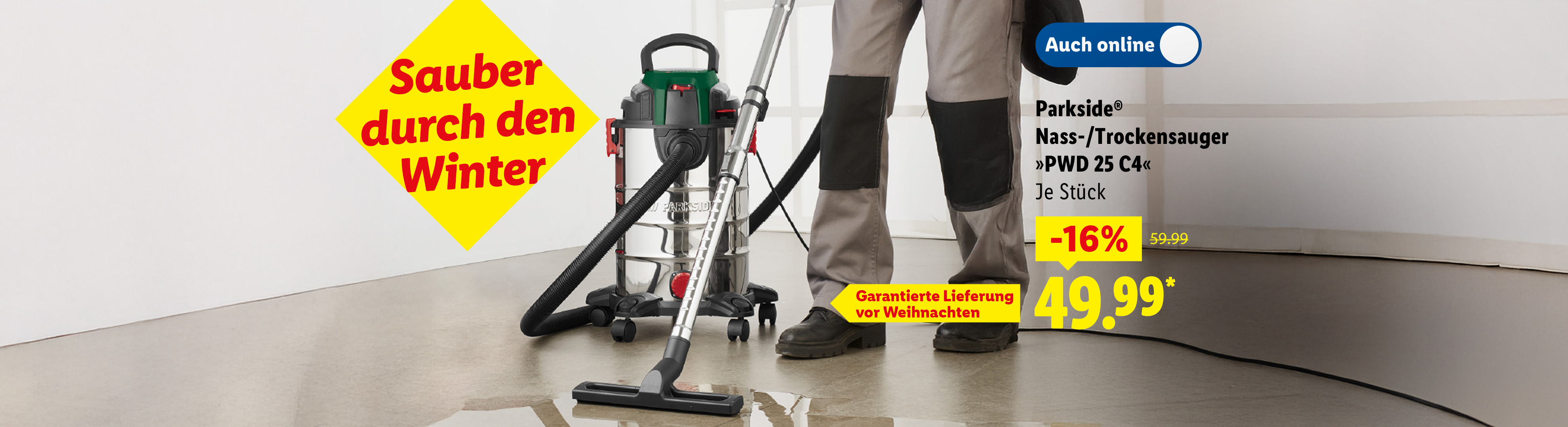 Parkside Nass-/Trockensauger PWD 25 C4, beworben mit „Sauber durch den Winter“ und „Auch online“.