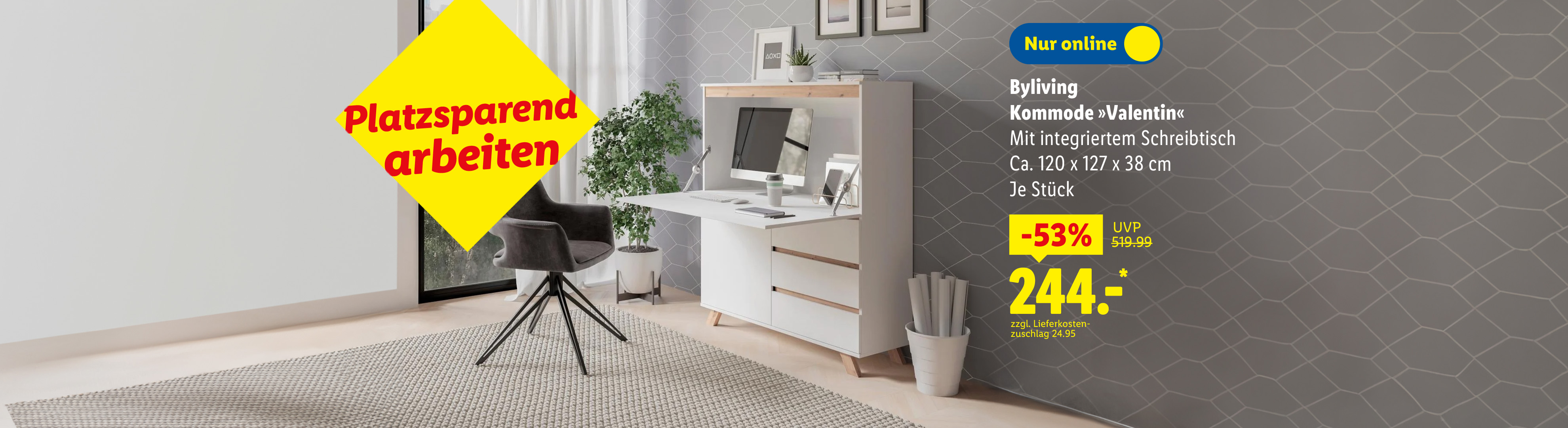 Byliving Kommode 'Valentin' mit integriertem Schreibtisch, 53% reduziert auf 244€.