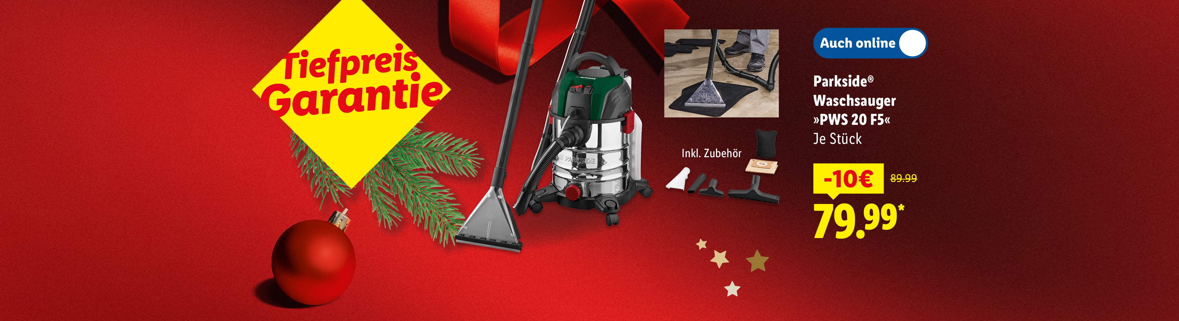 Parkside Waschsauger mit Zubehör und Tiefpreisgarantie auf rotem Hintergrund mit Weihnachtsdeko