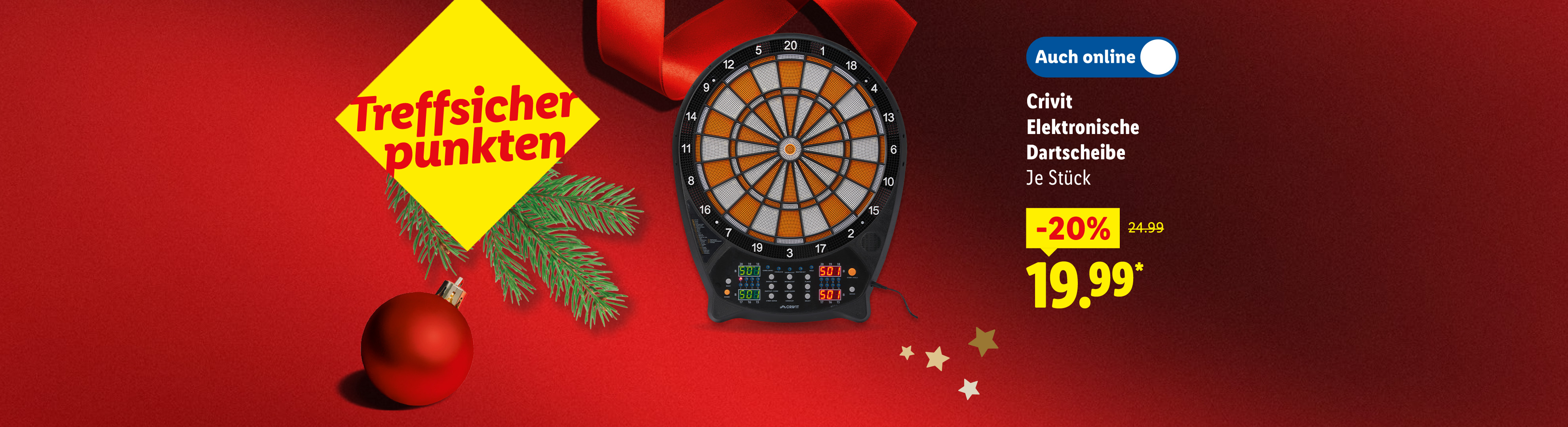 Elektronische Dartscheibe von Crivit mit 20% Rabatt, umgeben von weihnachtlicher Dekoration.