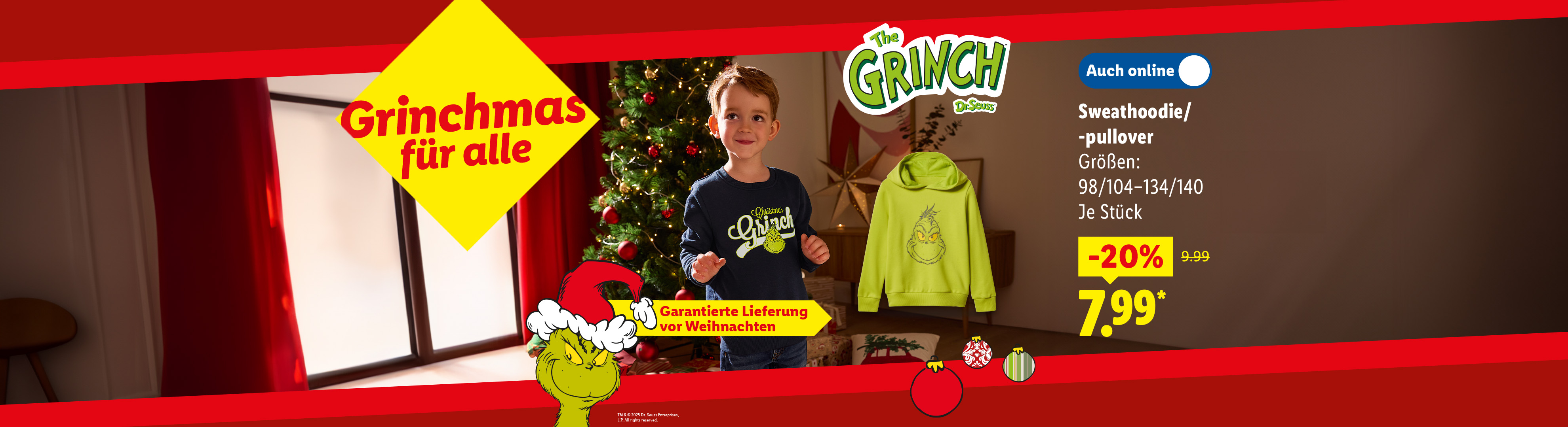 Grinchmas-Werbung mit Kind in Grinch-Pullover, Grinch-Hoodie und Preisinformationen.